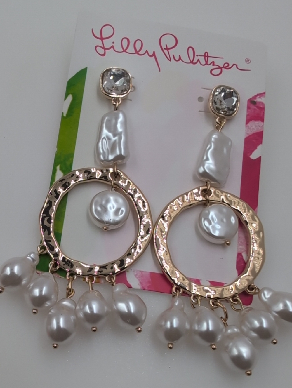 Lilly Pulitzer Seaside Soleil Gold-Tone Hammered Hoop Earrings with White Pearls - Picture 5 of 5